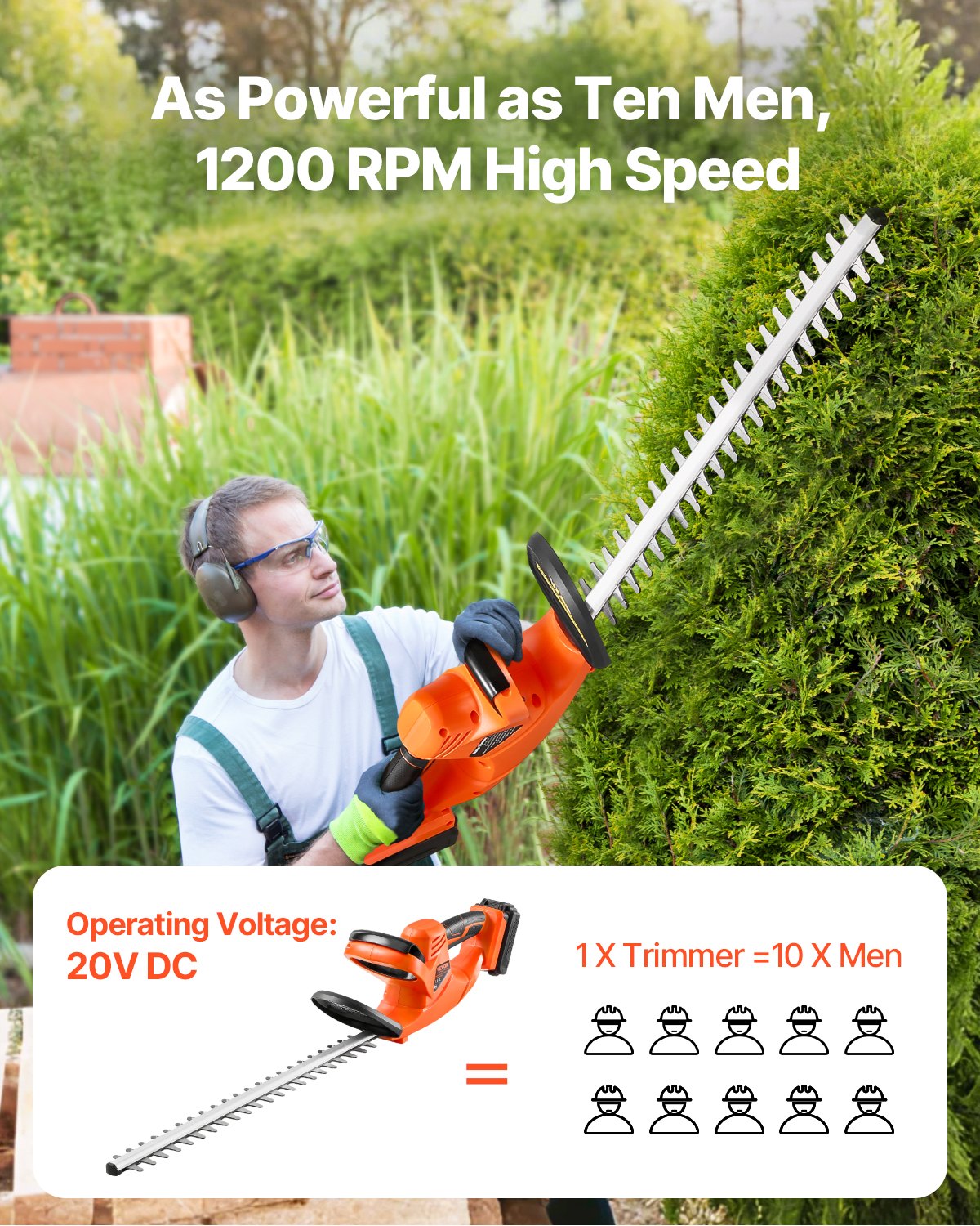Electric Hedge Trimmer, 1200 RPM, Cordless Hedge Trimmer for Low Branch, 20V 2A Battery, Bush Trimmer with 20 in Dual Action Blade & Secure Design, Gardening Trimmer for Yard Lawn Care