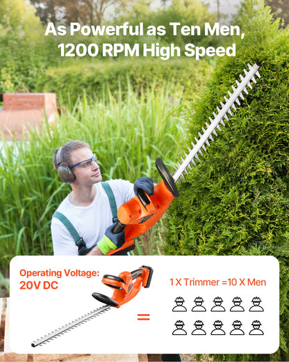 Electric Hedge Trimmer, 1200 RPM, Cordless Hedge Trimmer for Low Branch, 20V 2A Battery, Bush Trimmer with 20 in Dual Action Blade & Secure Design, Gardening Trimmer for Yard Lawn Care