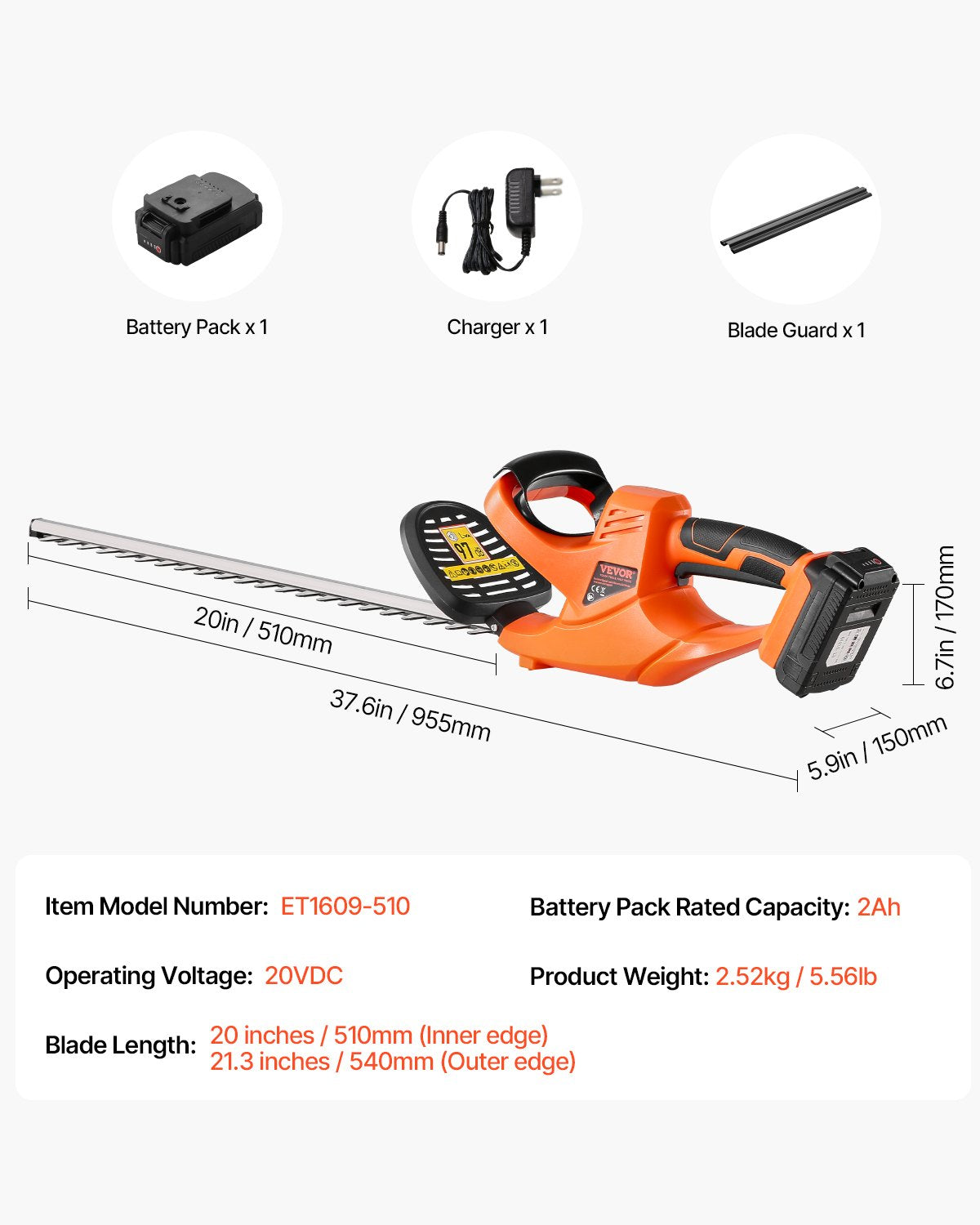Electric Hedge Trimmer, 1200 RPM, Cordless Hedge Trimmer for Low Branch, 20V 2A Battery, Bush Trimmer with 20 in Dual Action Blade & Secure Design, Gardening Trimmer for Yard Lawn Care