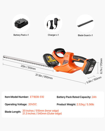 Electric Hedge Trimmer, 1200 RPM, Cordless Hedge Trimmer for Low Branch, 20V 2A Battery, Bush Trimmer with 20 in Dual Action Blade & Secure Design, Gardening Trimmer for Yard Lawn Care
