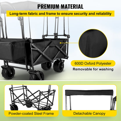 Foldable truck black foldable truck detachable roof 600D Oxford cloth foldable truck large wheel portable foldable truck adjustable handle, suitable for beach, garden, sports