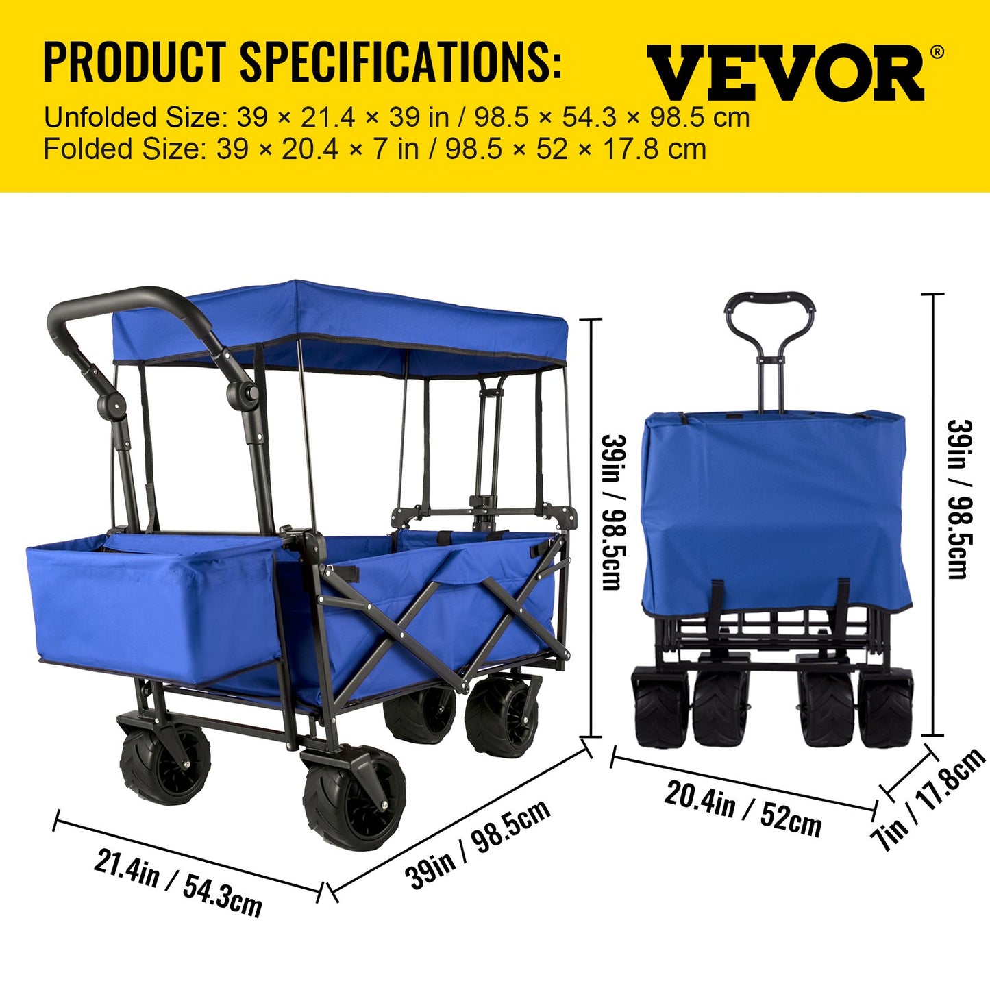 Collapsible Wagon with Canopy, 220lbs Foldable Wagon, Beach Wagon Cart with Big Wheels and Canopy with Adjustable Push Pulling Handles