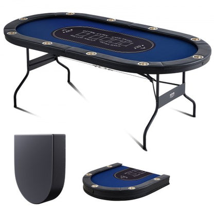 10 Player Foldable Poker Table, Blackjack Texas Holdem Poker Table with Padded Rails and Stainless Steel Cup Holders, Portable Folding Card Board Game Table, 84" Oval Casino Leisure Table