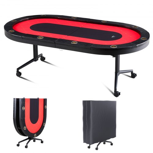 10 Player Foldable Poker Table, Blackjack Texas Holdem Poker Table with Padded Rails and Stainless Steel Cup Holders, Portable Folding Card Board Game Table, 228.6 cm Oval Casino Leisure Table