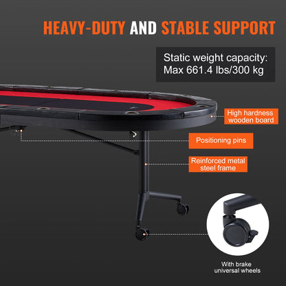 10 Player Foldable Poker Table, Blackjack Texas Holdem Poker Table with Padded Rails and Stainless Steel Cup Holders, Portable Folding Card Board Game Table, 228.6 cm Oval Casino Leisure Table