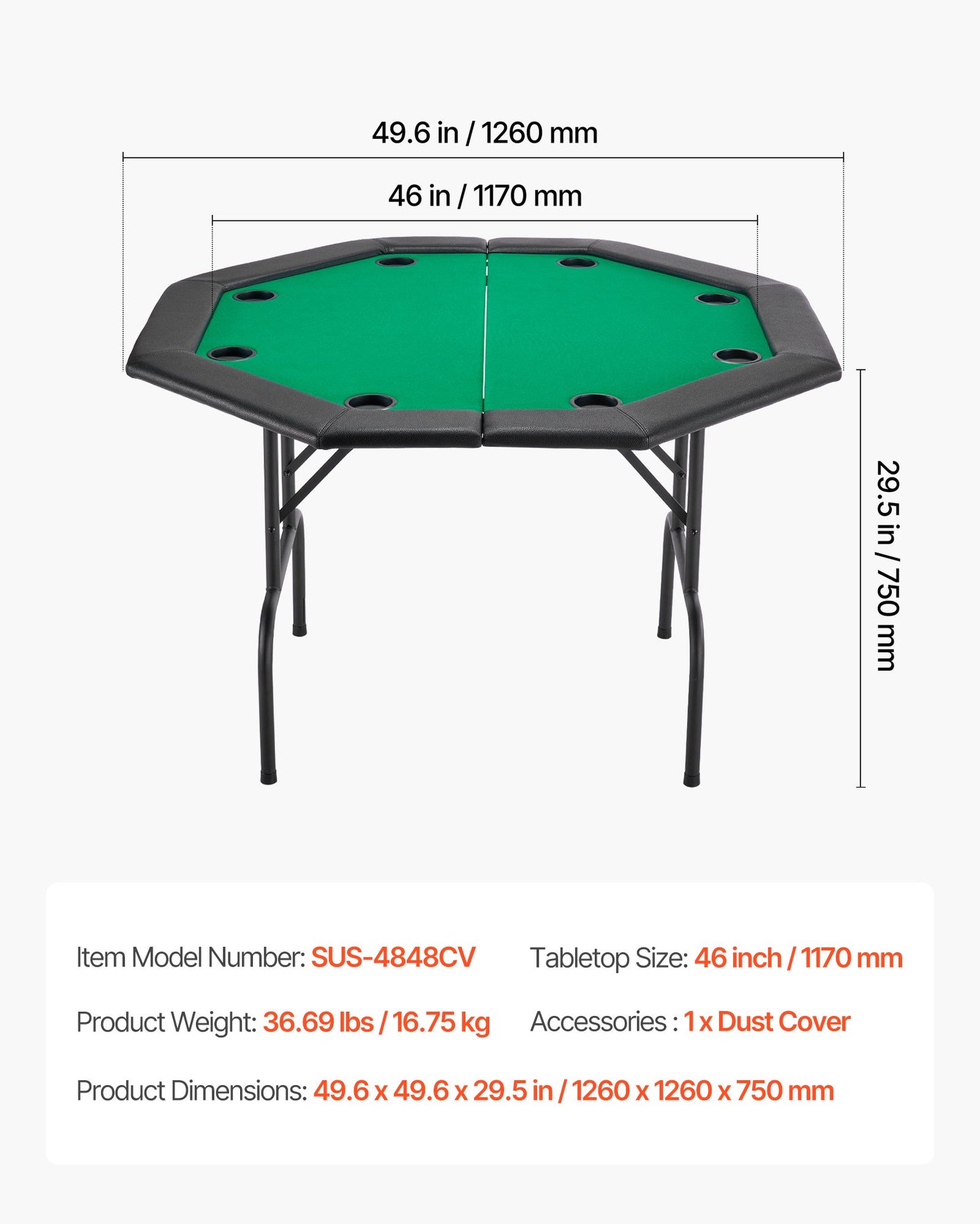 Foldable Poker Table, 8 Player 1220 mm Folding Casino Leisure Table with Padded Rails & Cup Holders, Octagonal Portable Game Tables with Felt & Metal Legs, for Texas Hold'em Game and Blackjack