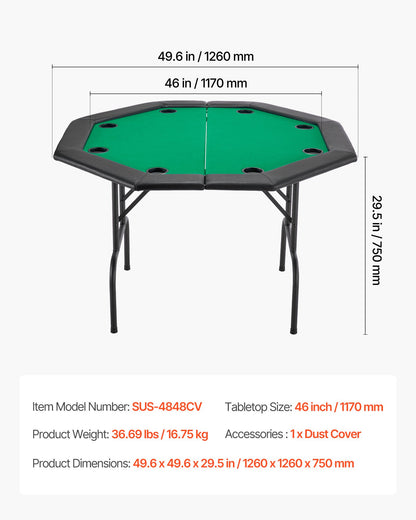 Foldable Poker Table, 8 Player 1220 mm Folding Casino Leisure Table with Padded Rails & Cup Holders, Octagonal Portable Game Tables with Felt & Metal Legs, for Texas Hold'em Game and Blackjack