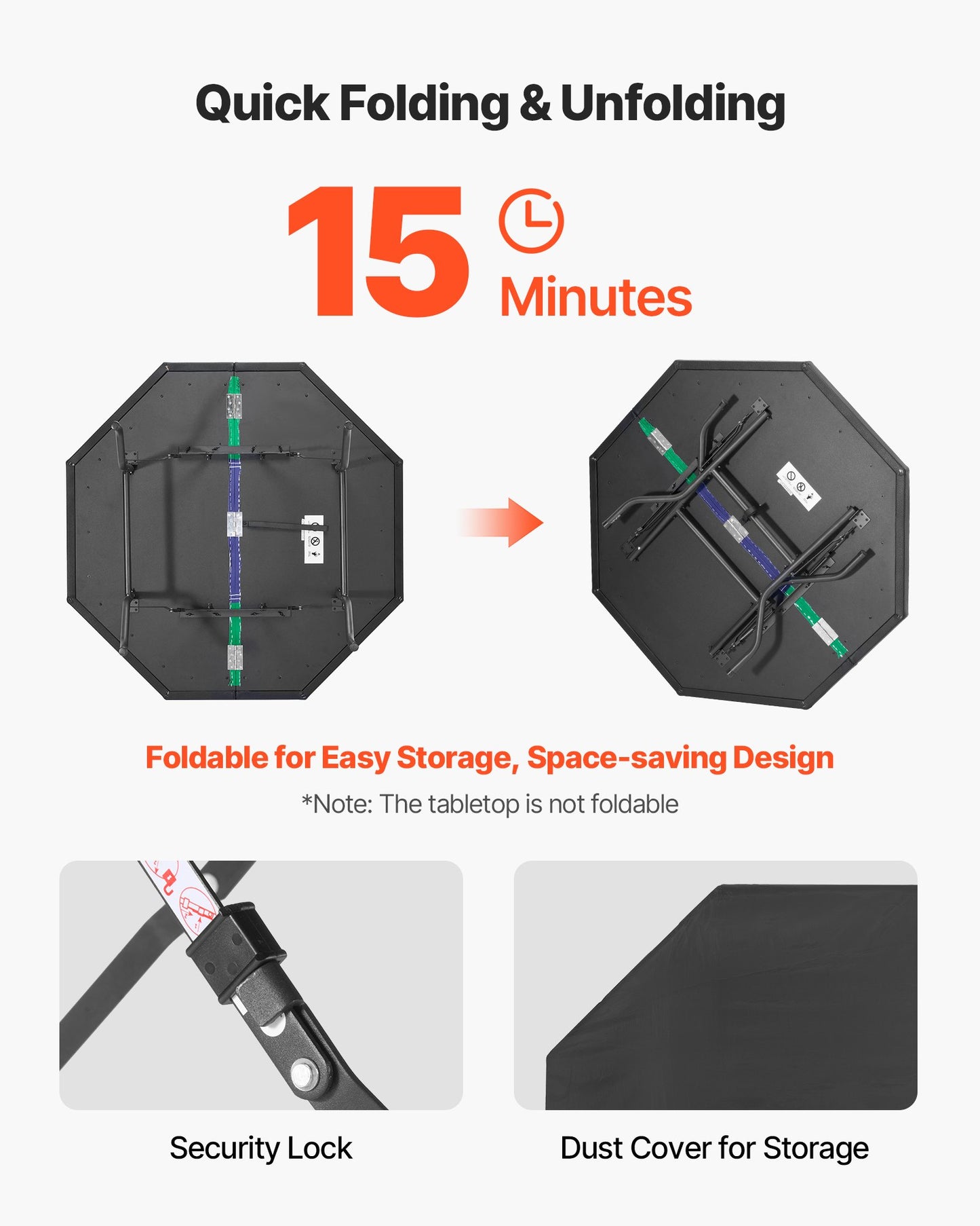 Hopfällbart pokerbord, 8 spelares 1220 mm hopfällbart kasinobord med vadderade skenor och mugghållare, åttkantiga bärbara spelbord med filt- och metallben, för Texas Hold'em-spel och Blackjack