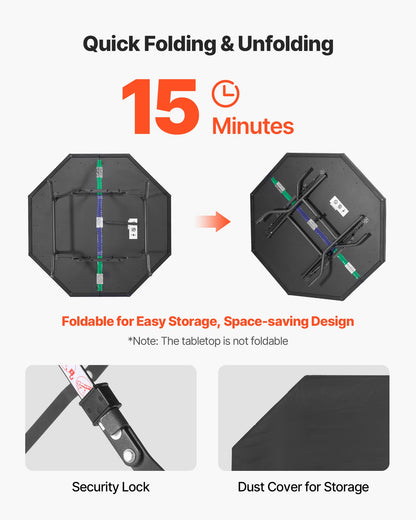 Hopfällbart pokerbord, 8 spelares 1220 mm hopfällbart kasinobord med vadderade skenor och mugghållare, åttkantiga bärbara spelbord med filt- och metallben, för Texas Hold'em-spel och Blackjack
