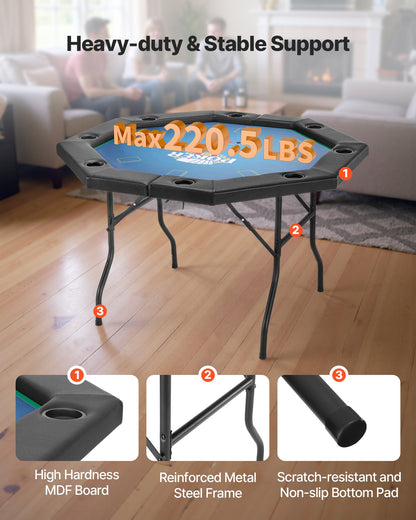 Hopfällbart pokerbord, 8 spelares 1220 mm hopfällbart kasinobord med vadderade skenor och mugghållare, åttkantiga bärbara spelbord med filt- och metallben, för Texas Hold'em-spel och Blackjack