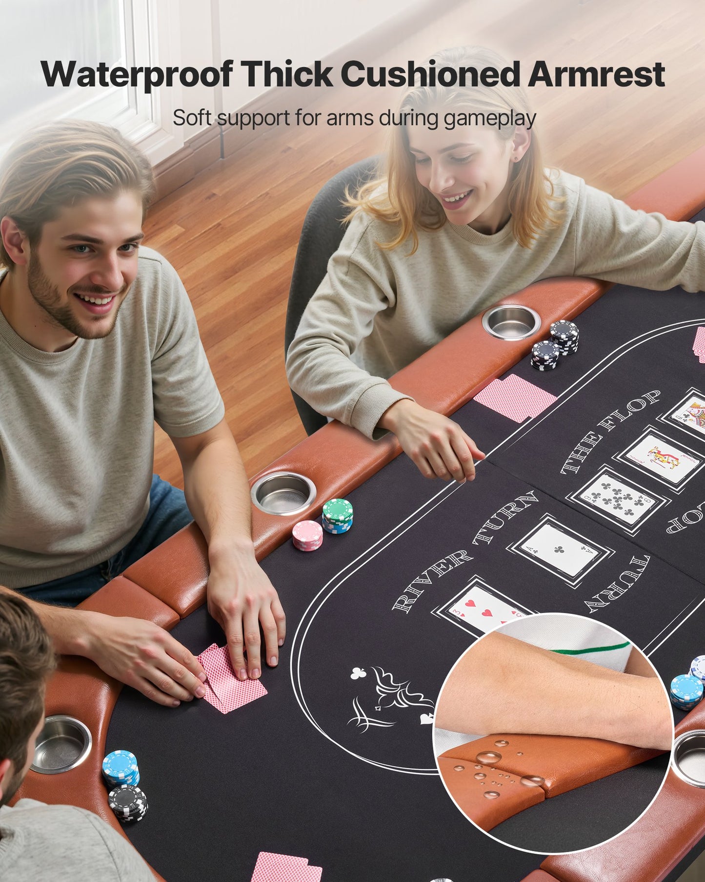 Hopfällbart pokerbord, 8 spelare 1828,8 mm hopfällbart kasinobord med vadderade skenor och mugghållare, ovala bärbara spelbord med filt- och metallben, för Texas Hold'em-spel och Blackjack