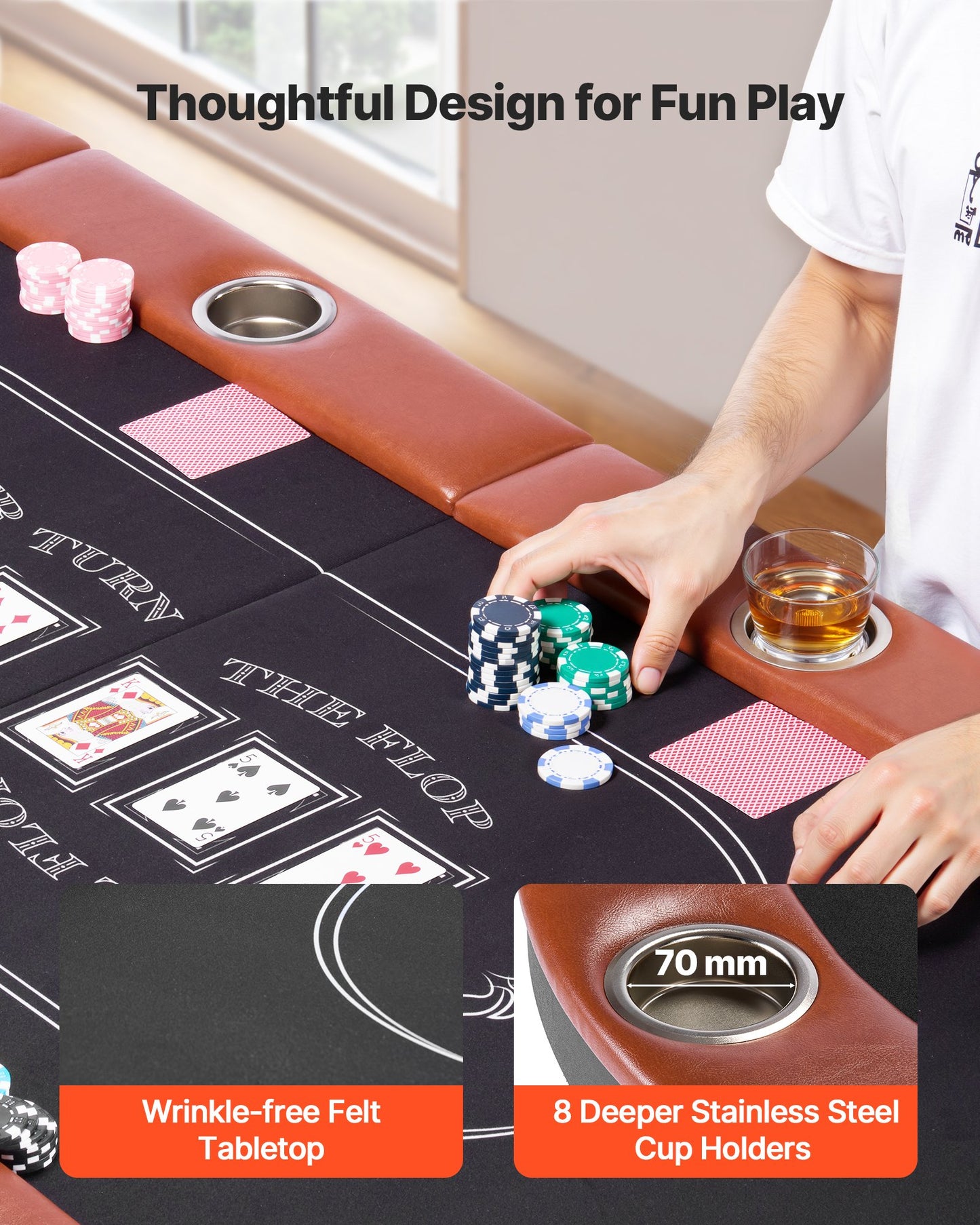 Hopfällbart pokerbord, 8 spelare 1828,8 mm hopfällbart kasinobord med vadderade skenor och mugghållare, ovala bärbara spelbord med filt- och metallben, för Texas Hold'em-spel och Blackjack