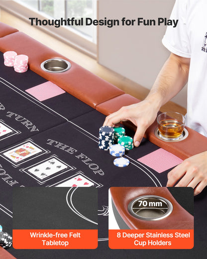 Hopfällbart pokerbord, 8 spelare 1828,8 mm hopfällbart kasinobord med vadderade skenor och mugghållare, ovala bärbara spelbord med filt- och metallben, för Texas Hold'em-spel och Blackjack