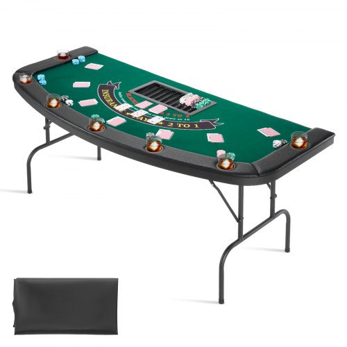 Hopfällbart pokerbord, 7 spelare 1828,8 mm hopfällbart kasinobord med vadderade skenor och mugghållare, halvovala bärbara spelbord med filt- och metallben, för Texas Hold'em-spel och Blackjack