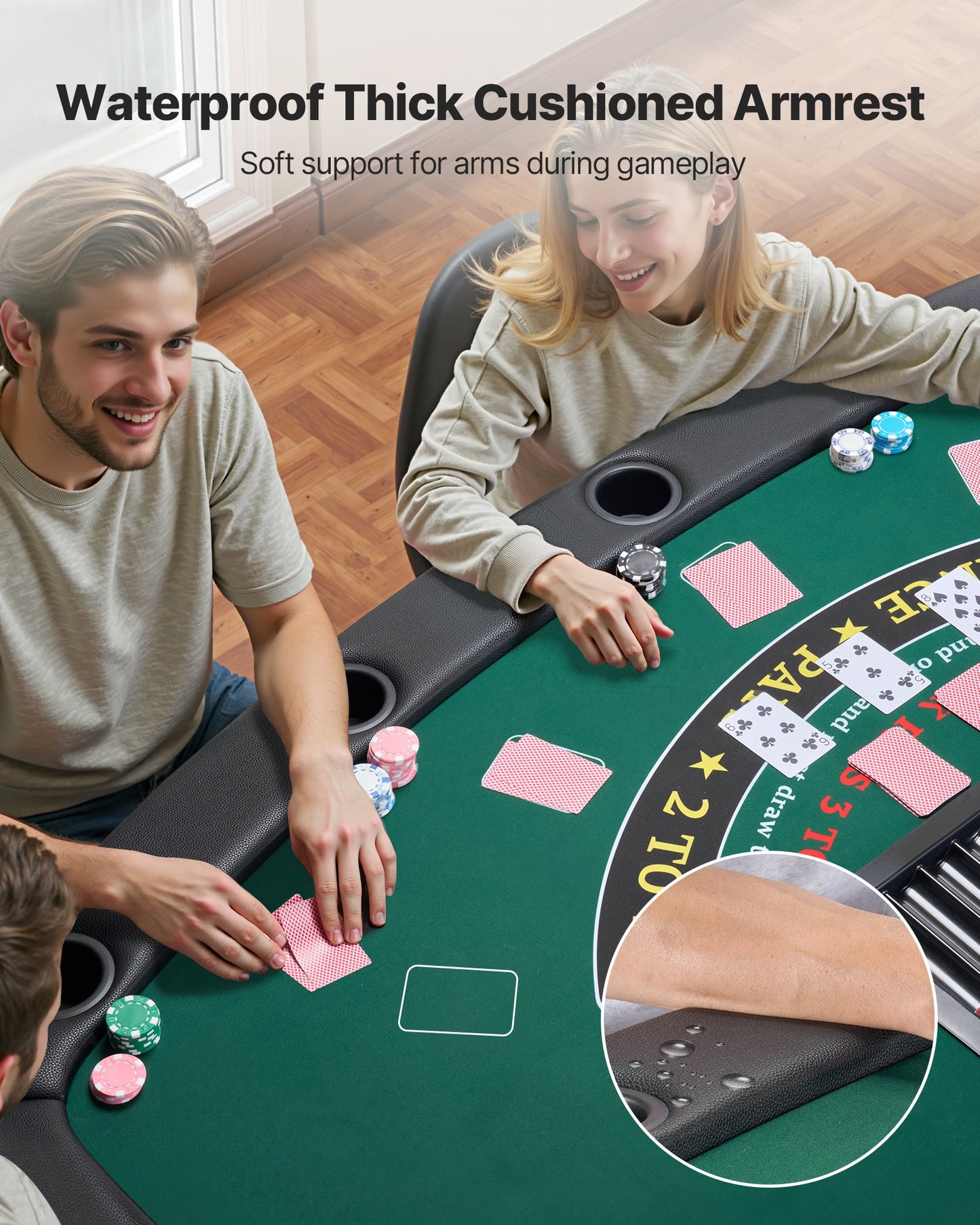 Hopfällbart pokerbord, 7 spelare 1828,8 mm hopfällbart kasinobord med vadderade skenor och mugghållare, halvovala bärbara spelbord med filt- och metallben, för Texas Hold'em-spel och Blackjack