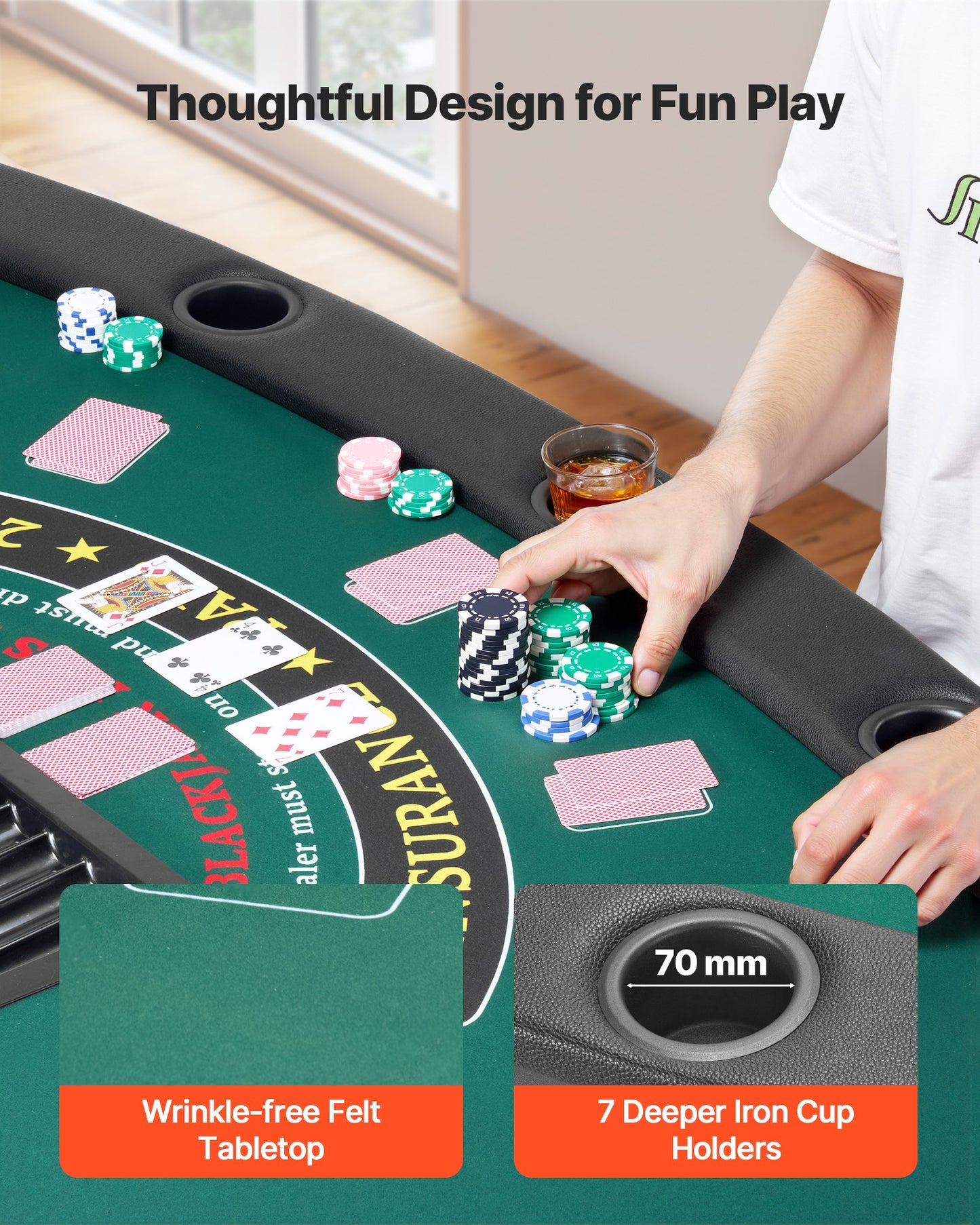 Hopfällbart pokerbord, 7 spelare 1828,8 mm hopfällbart kasinobord med vadderade skenor och mugghållare, halvovala bärbara spelbord med filt- och metallben, för Texas Hold'em-spel och Blackjack