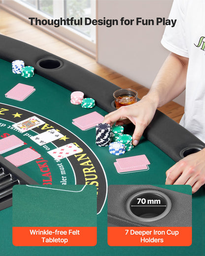 Hopfällbart pokerbord, 7 spelare 1828,8 mm hopfällbart kasinobord med vadderade skenor och mugghållare, halvovala bärbara spelbord med filt- och metallben, för Texas Hold'em-spel och Blackjack