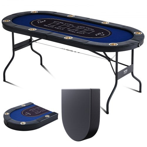 8 Player Foldable Poker Table, Blackjack Texas Holdem Poker Table with Padded Rails and Stainless Steel Cup Holders, Portable Folding Card Board Game Table, 1830 mm Oval Casino Leisure Table