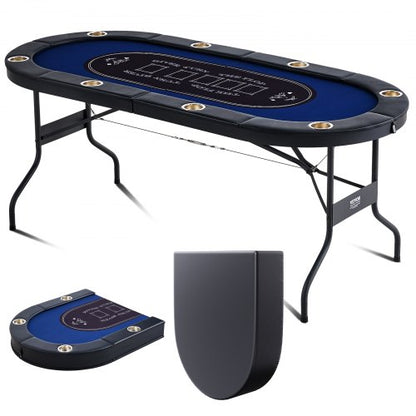8 Player Foldable Poker Table, Blackjack Texas Holdem Poker Table with Padded Rails and Stainless Steel Cup Holders, Portable Folding Card Board Game Table, 1830 mm Oval Casino Leisure Table