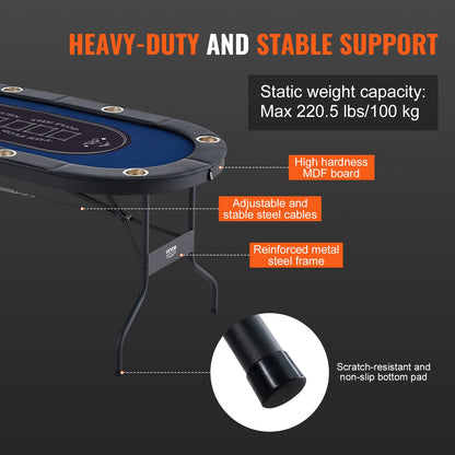 8 Player Foldable Poker Table, Blackjack Texas Holdem Poker Table with Padded Rails and Stainless Steel Cup Holders, Portable Folding Card Board Game Table, 1830 mm Oval Casino Leisure Table