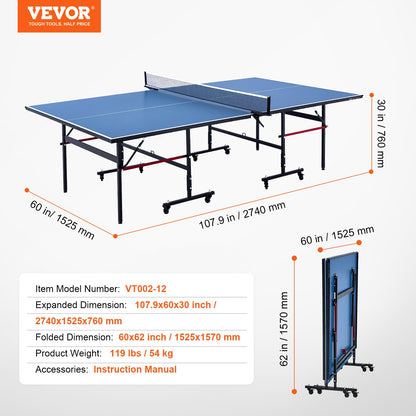 Ping Pong Table, Professional Table Tennis Game, Indoor MDF Portable Table Tennis Table, Foldable Ping Pong Table with Quick Clamp Net and Lockable Wheels, 10 Minute Easy Assembly, 12mm Tabletops