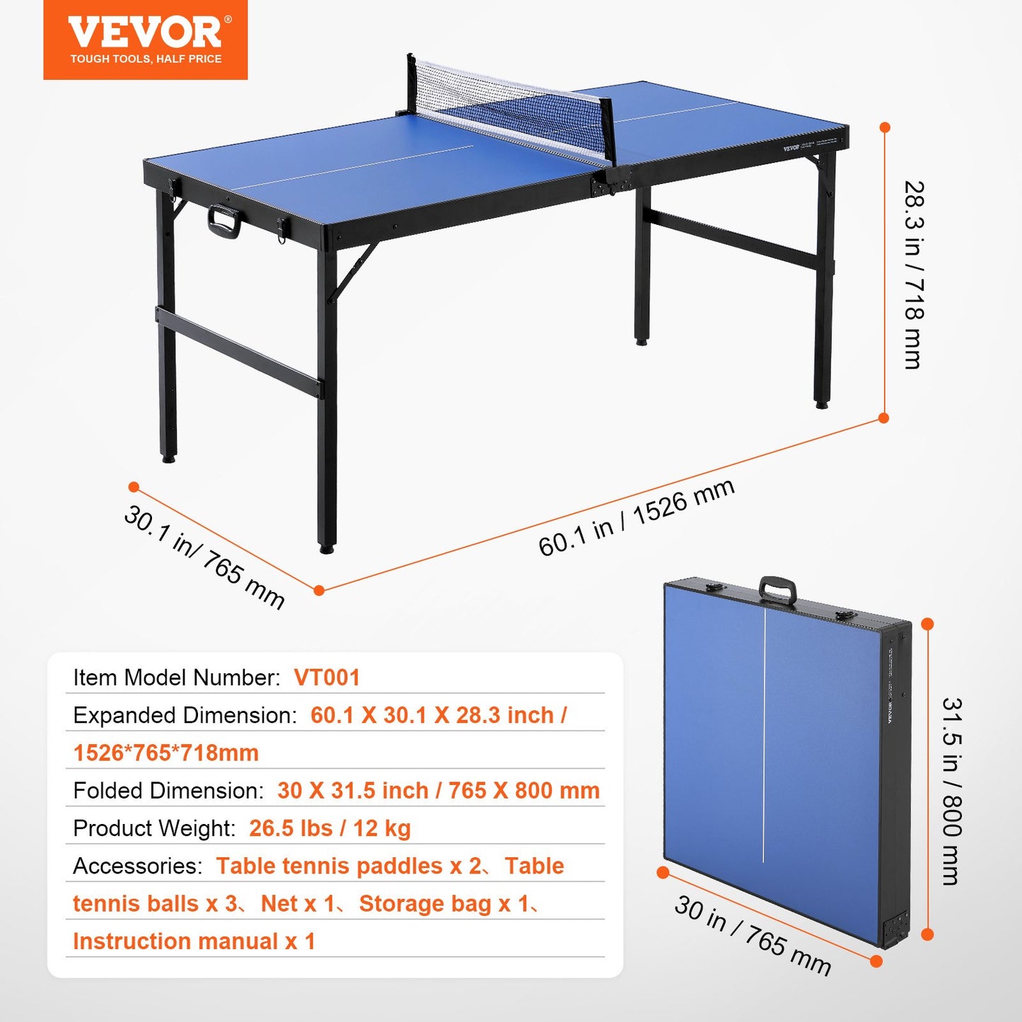 Ping Pong Table, Mid-Size Table Tennis Game, Indoor MDF Table Tennis Table, Foldable Portable Complete Ping Pong Table Set with Net, 2 Paddles, 3 Balls, Carry Bag, Handle (No Assembly Required)