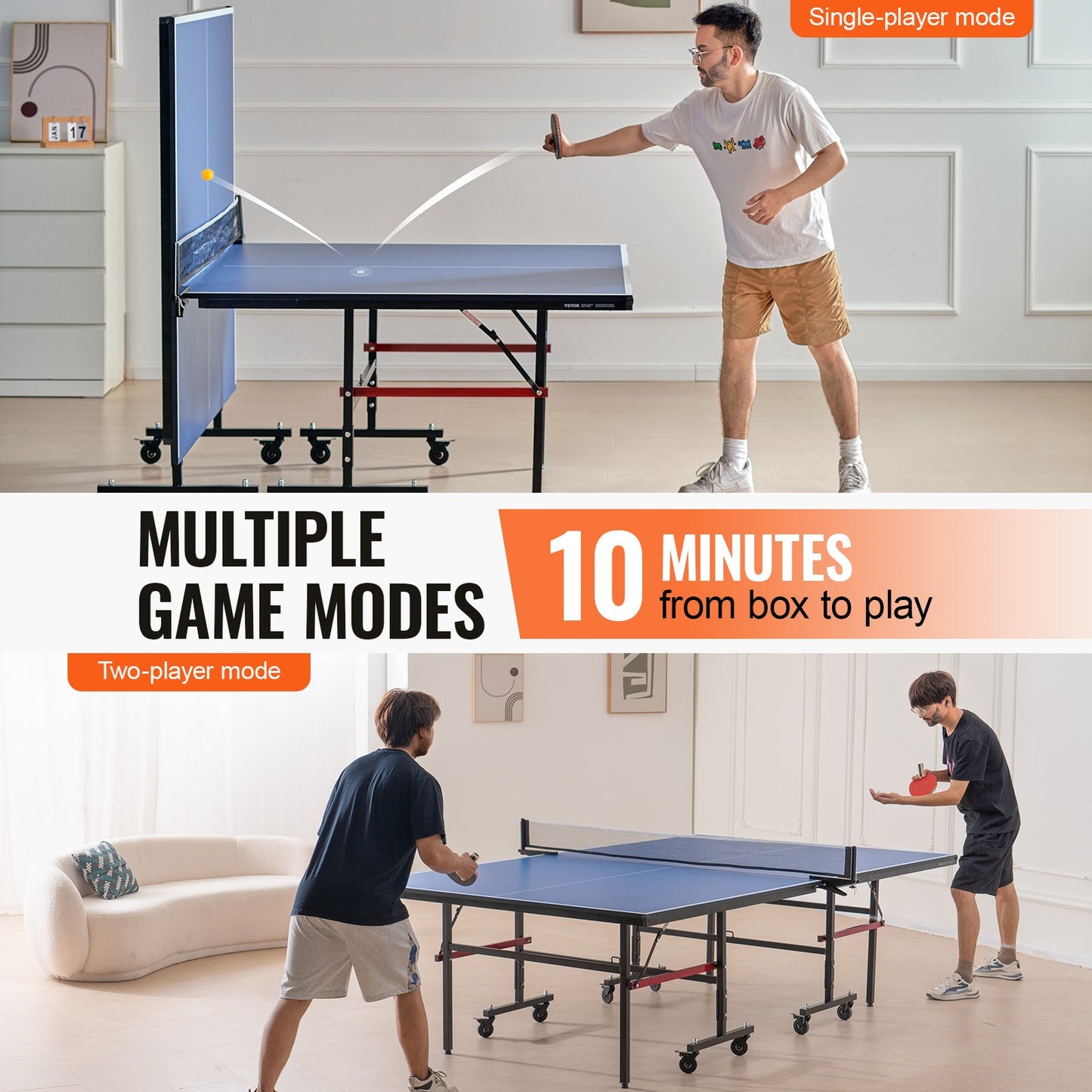 Ping Pong Table, Professional Table Tennis Game, Indoor MDF Portable Table Tennis Table, Foldable Ping Pong Table with Quick Clamp Net and Lockable Wheels, 10 Minute Easy Assembly, 18mm Tabletops