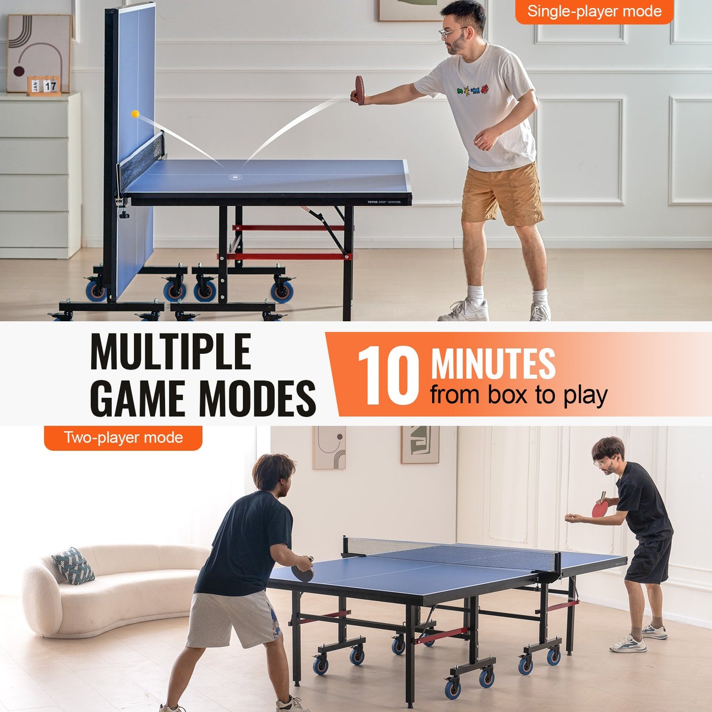 Ping Pong Table, Professional Table Tennis Game, Indoor MDF Portable Table Tennis Table, Foldable Ping Pong Table with Quick Clamp Net and Lockable Wheels, 10 Minute Easy Assembly, 25mm Tabletops