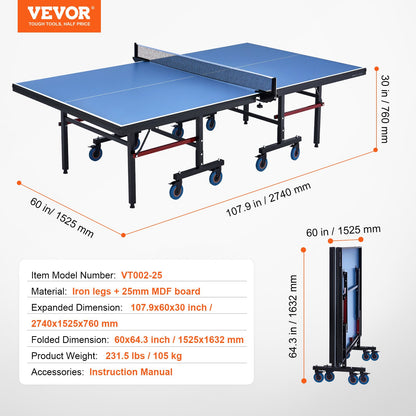 Ping Pong Table, Professional Table Tennis Game, Indoor MDF Portable Table Tennis Table, Foldable Ping Pong Table with Quick Clamp Net and Lockable Wheels, 10 Minute Easy Assembly, 25mm Tabletops