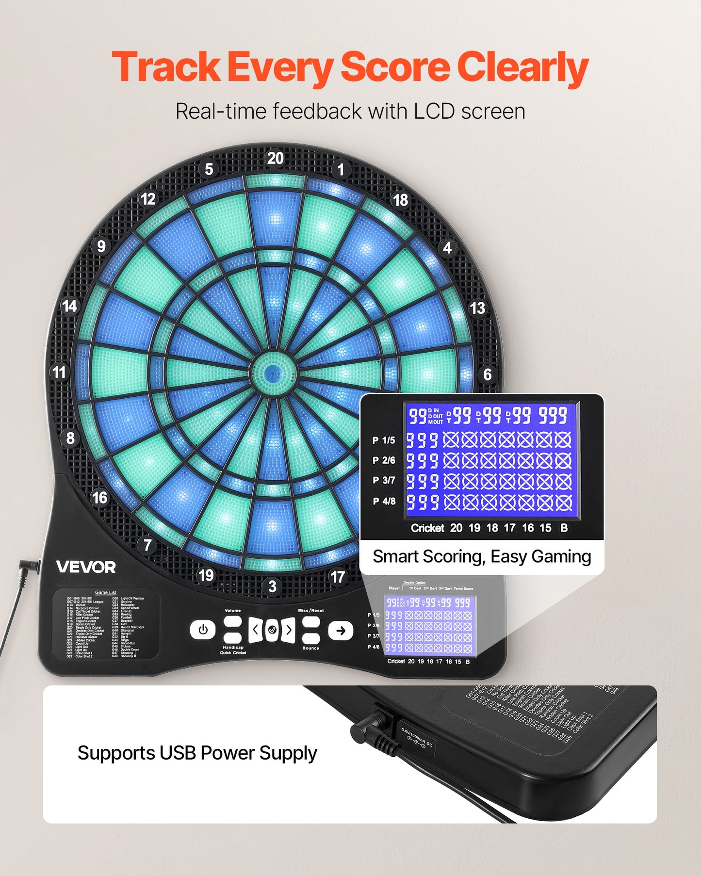 Electronic Dart Board, LED-Illuminated Target Dartboard with 48 Games & 500+ Variations, Includes 6 Dart Shafts with Flights & 50 Soft Tips, Cricket Scoring LCD Screen - Supports Up to 8 Players
