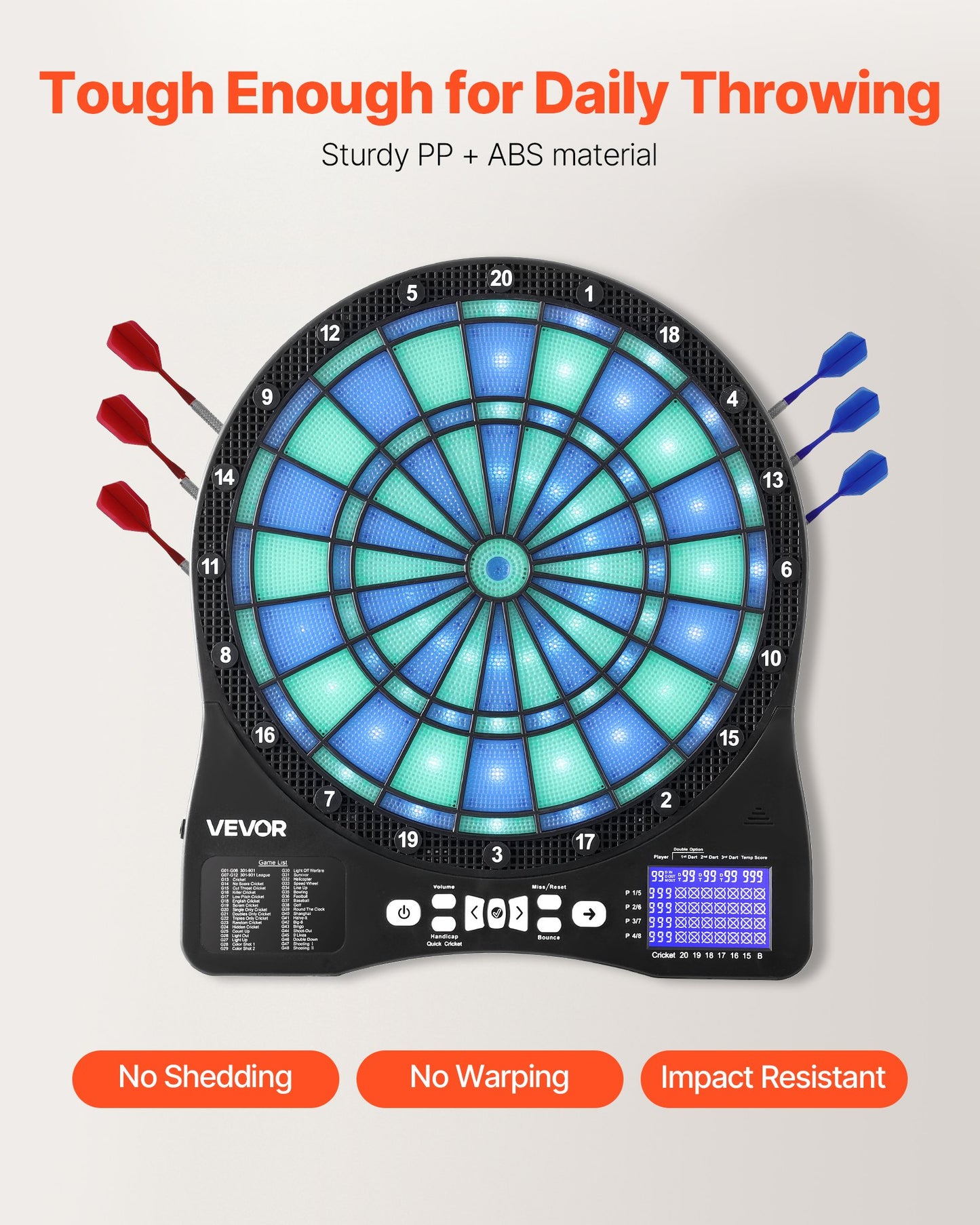 Electronic Dart Board, LED-Illuminated Target Dartboard with 48 Games & 500+ Variations, Includes 6 Dart Shafts with Flights & 50 Soft Tips, Cricket Scoring LCD Screen - Supports Up to 8 Players