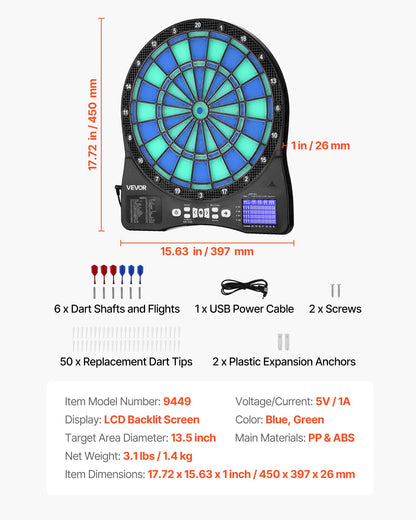 Electronic Dart Board, LED-Illuminated Target Dartboard with 48 Games & 500+ Variations, Includes 6 Dart Shafts with Flights & 50 Soft Tips, Cricket Scoring LCD Screen - Supports Up to 8 Players