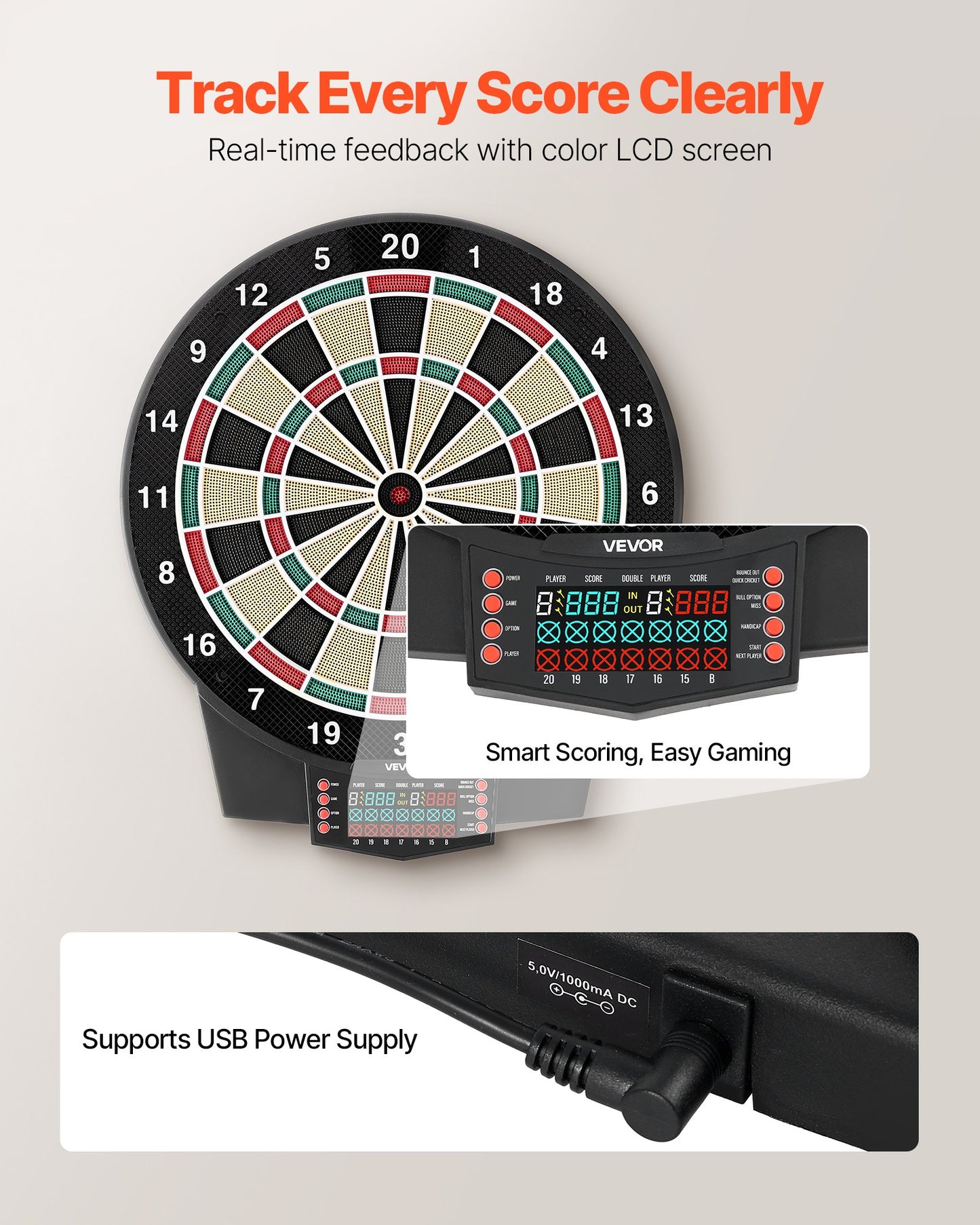 Electronic Dart Board, 391mm Target Dartboard with 43 Games & 320+ Variations for Up to 8 Players, 6 Dart Shafts with Flights & 50 Soft Tips, Color LCD Scoring Screen for Home Party Game Room