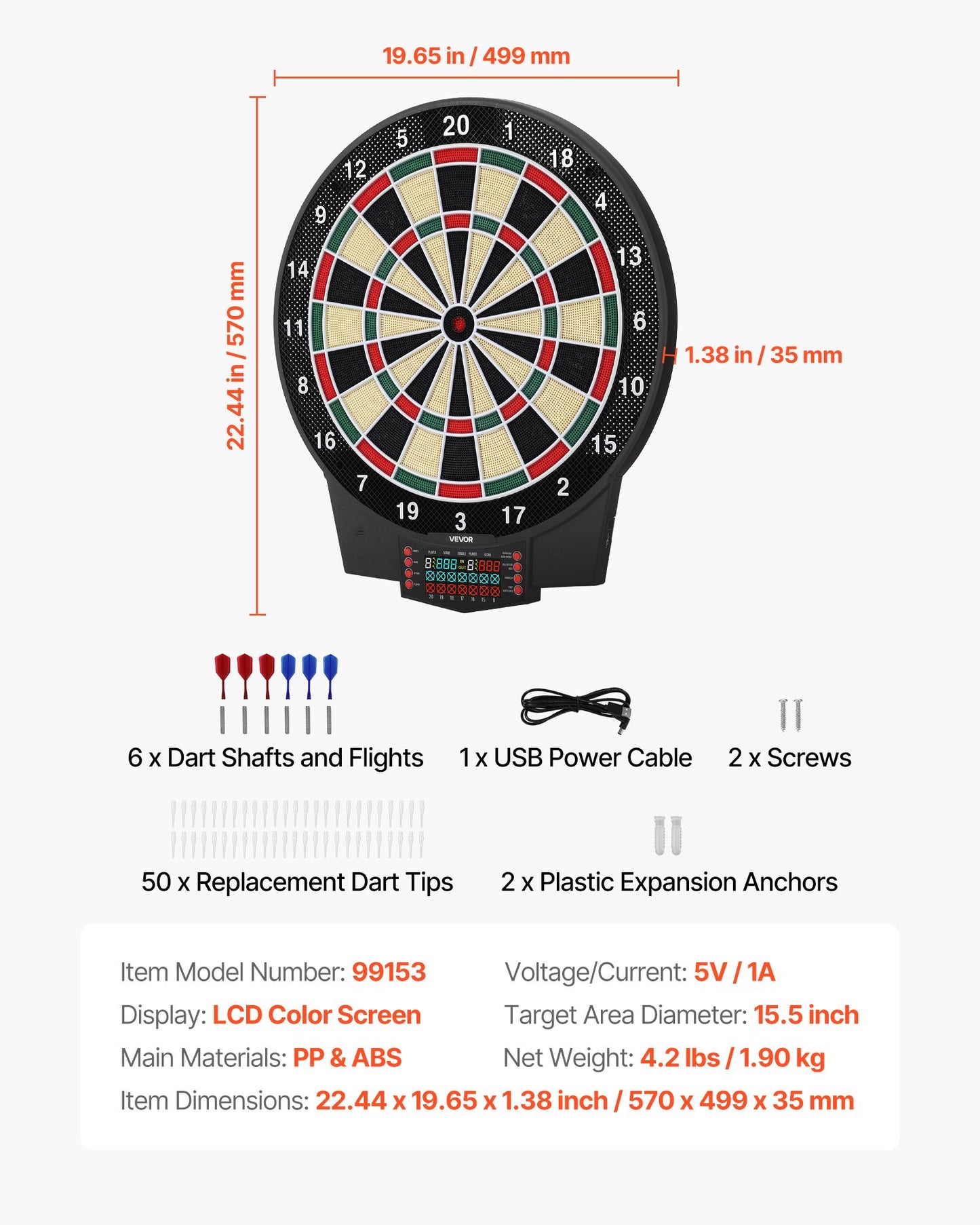 Electronic Dart Board, 391mm Target Dartboard with 43 Games & 320+ Variations for Up to 8 Players, 6 Dart Shafts with Flights & 50 Soft Tips, Color LCD Scoring Screen for Home Party Game Room