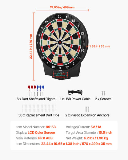 Electronic Dart Board, 391mm Target Dartboard with 43 Games & 320+ Variations for Up to 8 Players, 6 Dart Shafts with Flights & 50 Soft Tips, Color LCD Scoring Screen for Home Party Game Room
