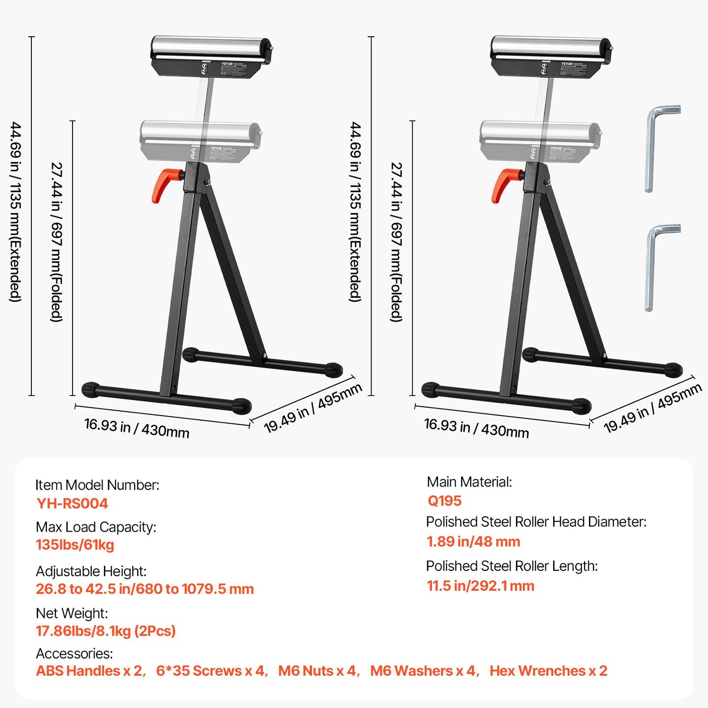2-pack rullstativ, 135 lb lastkapacitet, 26,8-42,5" justerbar höjd, hopfällbar kraftig design med 11,5" polerat stålrullhuvud, för bordssågens utmatning, träbearbetningsförlängningsstöd