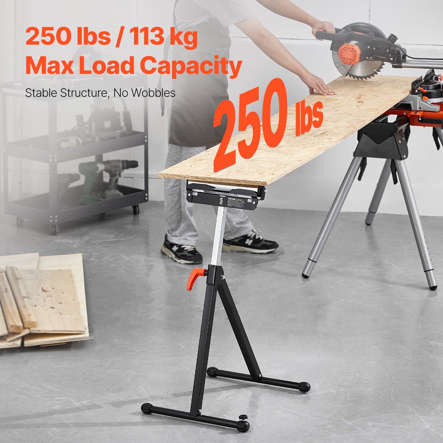 2-Pack Roller Stands, 113 kg/250 lbs Load Capacity, 686mm-1092mm / 27-43 in Adjustable Height, Folding Heavy Duty with Polished Steel Roller Head & Edge Guides, for Table Saw Outfeed Woodworking Extension Support