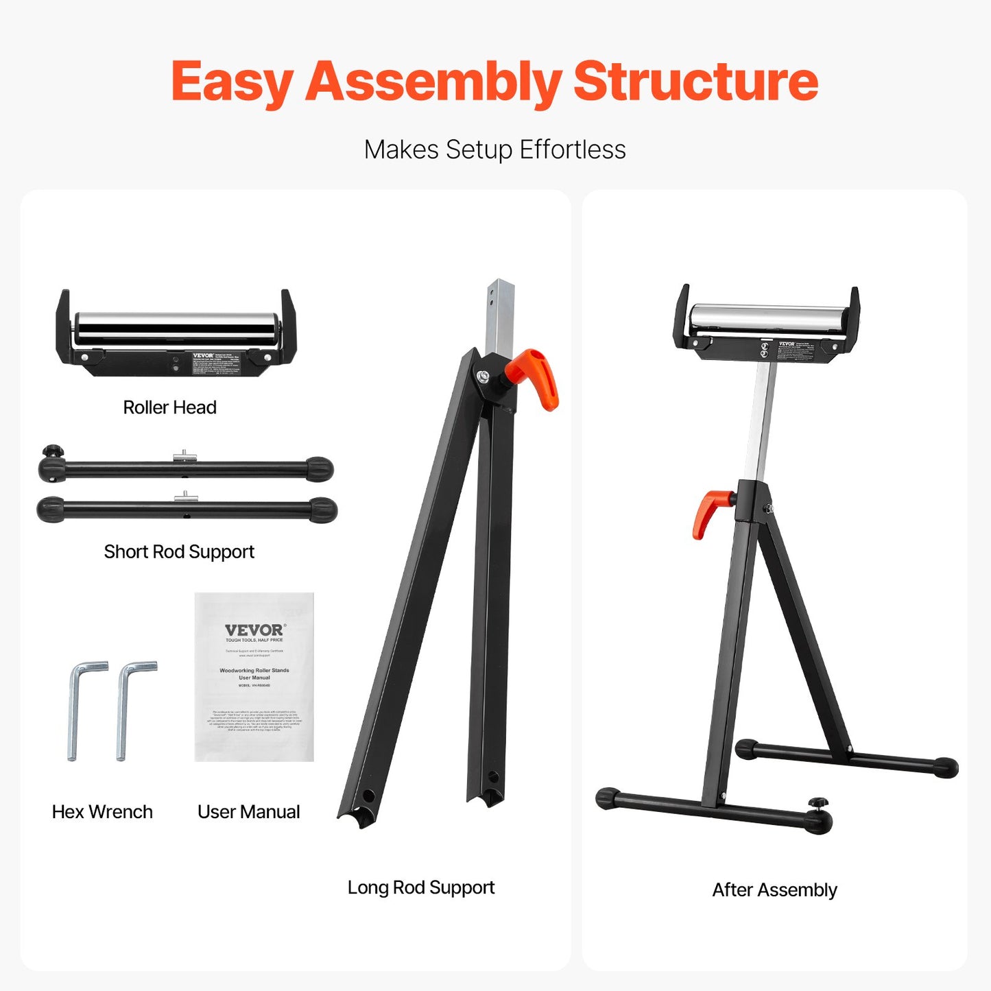 2-Pack Roller Stands, 113 kg/250 lbs Load Capacity, 686mm-1092mm / 27-43 in Adjustable Height, Folding Heavy Duty with Polished Steel Roller Head & Edge Guides, for Table Saw Outfeed Woodworking Extension Support