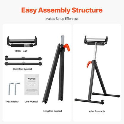 2-Pack Roller Stands, 113 kg/250 lbs Load Capacity, 686mm-1092mm / 27-43 in Adjustable Height, Folding Heavy Duty with Polished Steel Roller Head & Edge Guides, for Table Saw Outfeed Woodworking Extension Support