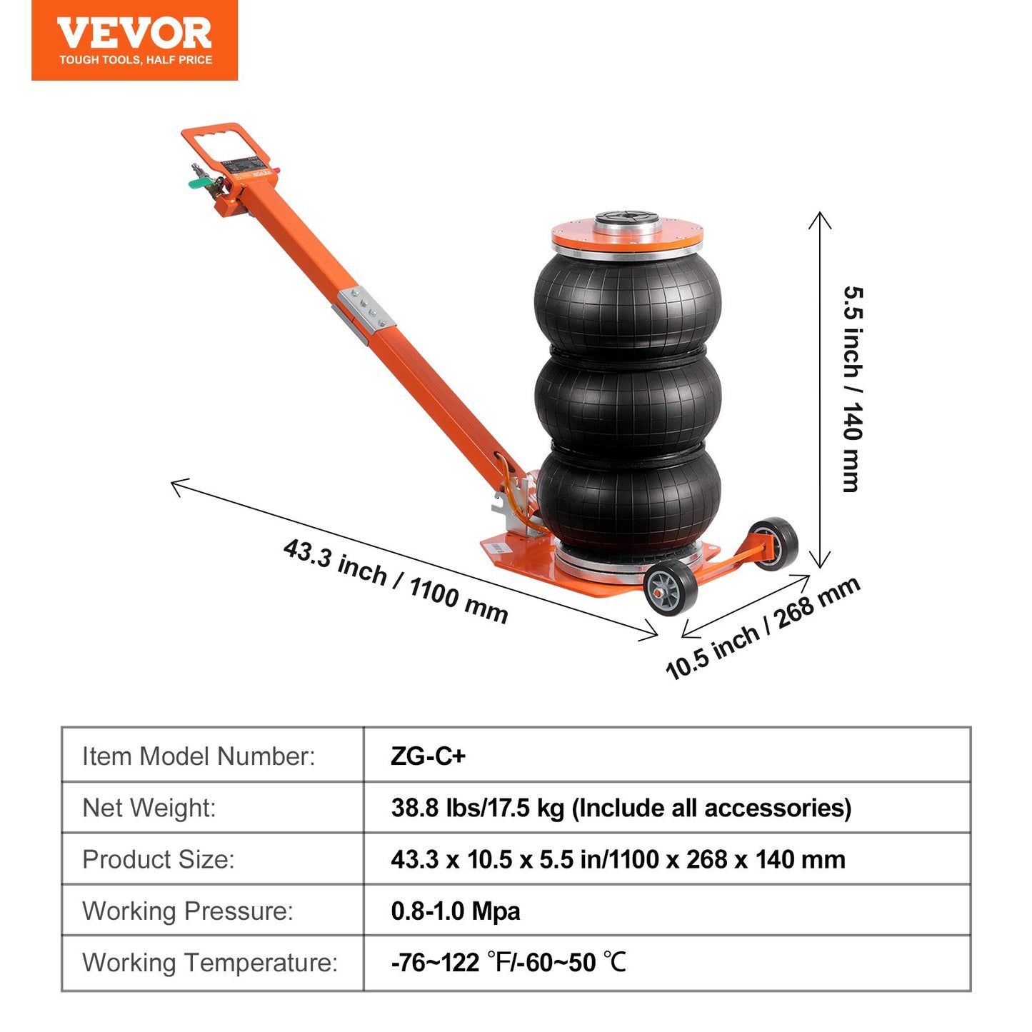 Air Jack, 3 Ton/6600 lbs, 1-6S Pneumatic Lifting Jack with Heightened Column & Adjustable Handle, Compact, Easy-to-Lift & Space-Saving Jack with Thick Rubber Pad, Fits for Sedan, SUV, Pickup Truck