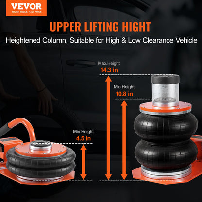 Luftdomkraft 3 ton/2993,7 kg pneumatisk domkraft med förhöjd pelare för sedan