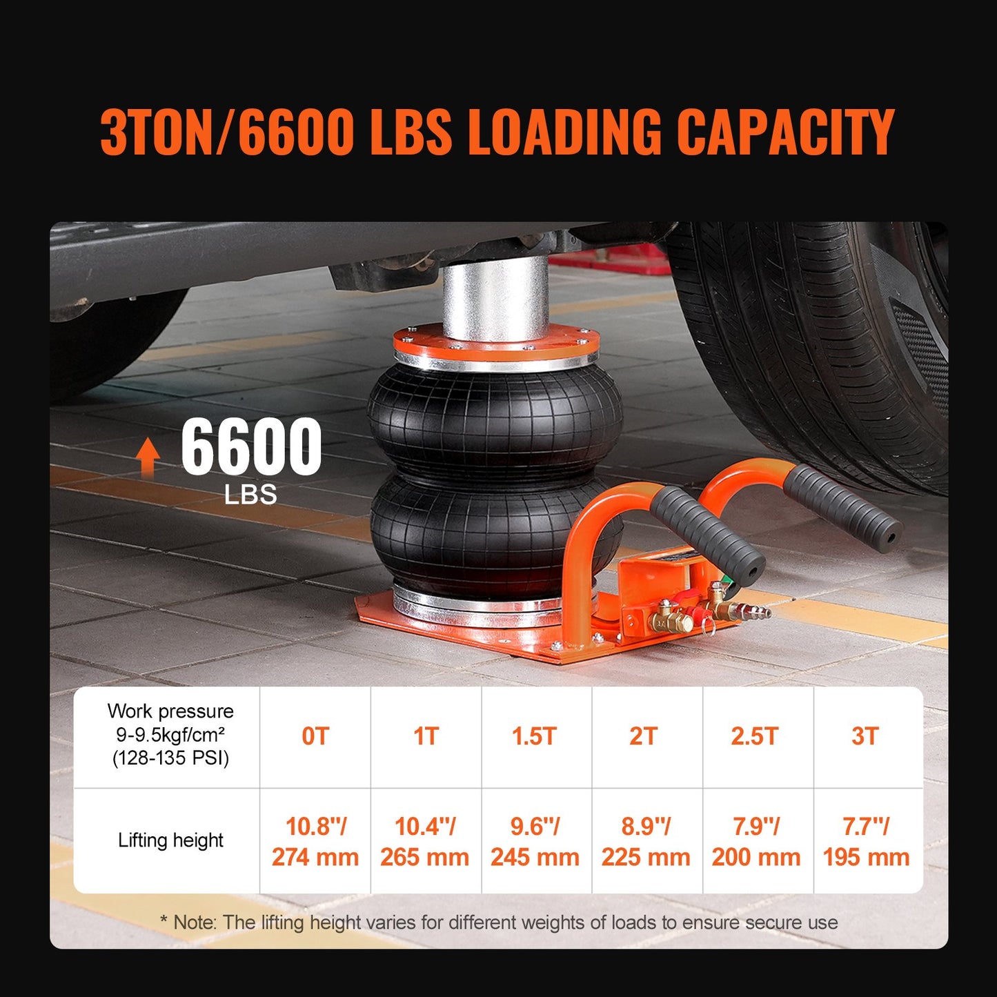 Luftdomkraft 3 ton/2993,7 kg pneumatisk domkraft med förhöjd pelare för sedan