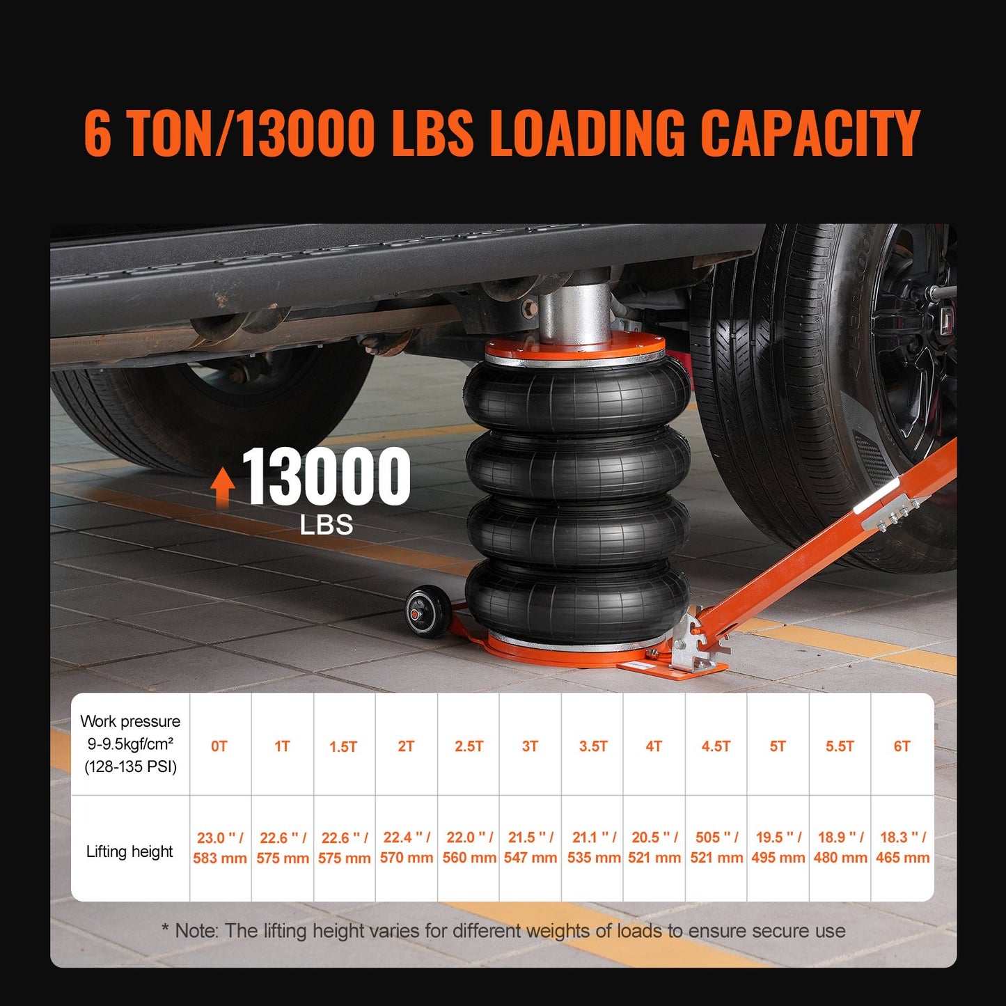 Air Jack, 6 Ton/13000 lbs, 2-5 S Pneumatic Lifting Jack with Heightened Column & Adjustable Handle, Easy-to-Lift & Space-Saving Jack with Thick Rubber Pad, Fits for Sedan, SUV, Pickup Truck