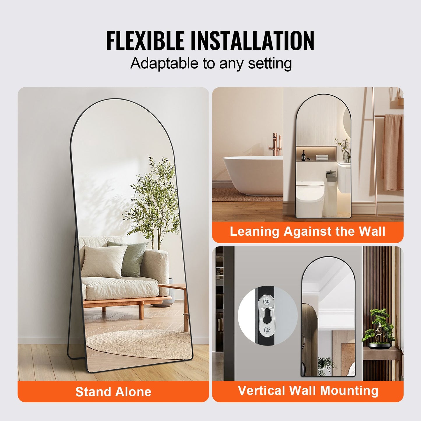 Arched Full Length Mirror, 71" x 32", Large Free Standing Leaning Hanging Wall Mounted Floor Mirror with Stand Aluminum Alloy Frame, Full Body Dressing Mirror for Living Room Bedroom, Black