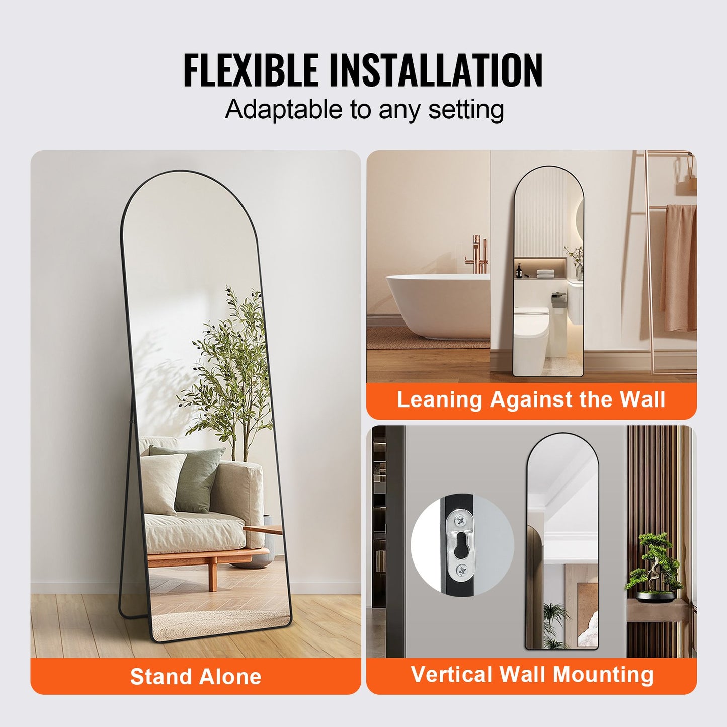 Arched Full Length Mirror, 65" x 22", Large Free Standing Leaning Hanging Wall Mounted Floor Mirror with Stand Aluminum Alloy Frame, Full Body Dressing Mirror for Living Room Bedroom, Black