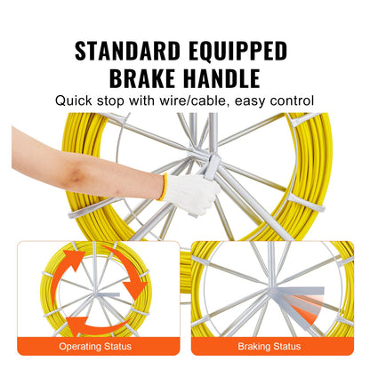 Fish Tape Fiberglass, 150.3 m, 8.0 mm, Duct Rodder Fishtape Wire Puller, Cable Running Rod with Steel Reel Stand, 3 Pulling Heads, Fishing Tools for Walls and Electrical Conduit, Non-Conductive