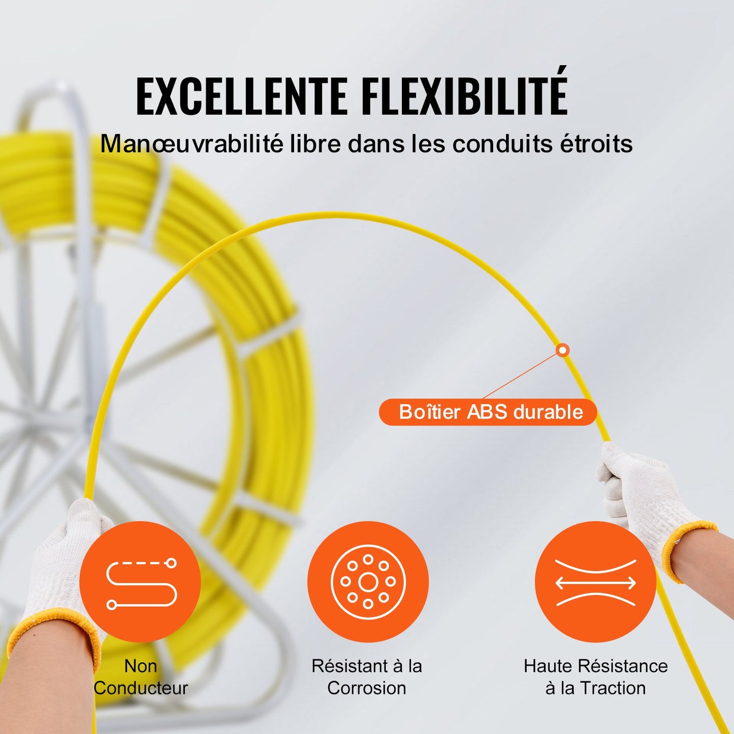 Fish Tape Fiberglass, 129.5 m, 6.4 mm, Duct Rodder Fishtape Wire Puller, Cable Running Rod with Steel Reel Stand, 3 Pulling Heads, Fishing Tools for Walls and Electrical Conduit, Non-Conductive