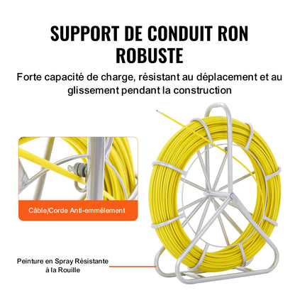 Fish Tape Fiberglass, 129.5 m, 6.4 mm, Duct Rodder Fishtape Wire Puller, Cable Running Rod with Steel Reel Stand, 3 Pulling Heads, Fishing Tools for Walls and Electrical Conduit, Non-Conductive