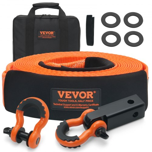 Polyester Heavy Duty Tow Strap Recovery Kit 3" x 30 ft/7.6 cm x 9.1 m (MBS-36,000 lbs/16,329 kg) Winch Strap, Triple Reinforced Loop, Snatch Strap + 2" (5.1 cm) Shackle Hitch Receiver + 3/4" (1.9 cm) D-Ring Shackles (2PCS) + Storage Bag