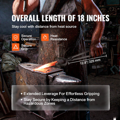 Smedtänger, 45,7 cm V-bitsbulttänger, smidetänger i kolstål med nitar i A3-stål, för långa, oregelbundna och spikformade smidesstycken, för nybörjare och erfarna smeder och bladsmeder